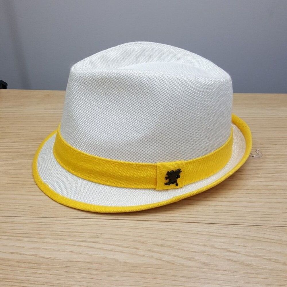 STACY ADAMS Straw Fedora Mens Medium White Yellow Band Diamond Crown $65